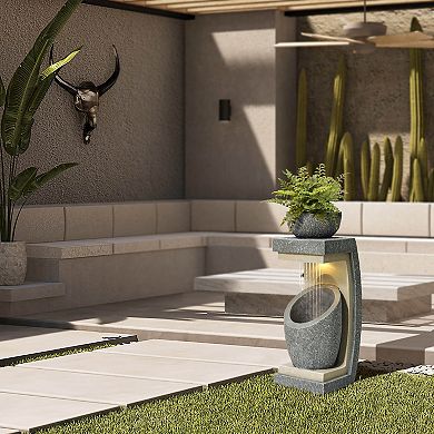 LuxenHome Gray Resin Column and Bowl Sculpture Outdoor Fountain with Lights