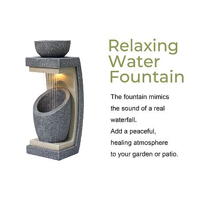LuxenHome Gray Resin Column and Bowl Sculpture Outdoor Fountain with Lights