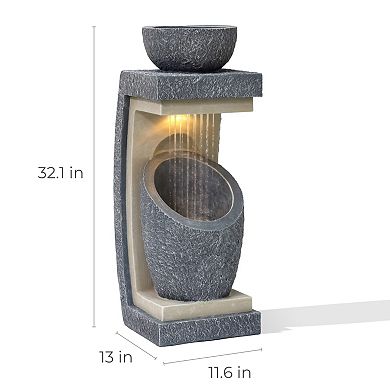 LuxenHome Gray Resin Column and Bowl Sculpture Outdoor Fountain with Lights