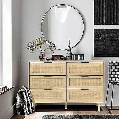 LuxenHome Light Oak Manufactured Wood 6-Drawer Bedroom Dresser