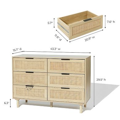 LuxenHome Light Oak Manufactured Wood 6-Drawer Bedroom Dresser