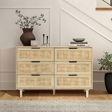 LuxenHome Light Oak Manufactured Wood 6-Drawer Bedroom Dresser