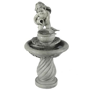 LuxenHome Gray Resin Cherub Birdbath Outdoor Patio Fountain