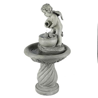 LuxenHome Gray Resin Cherub Birdbath Outdoor Patio Fountain