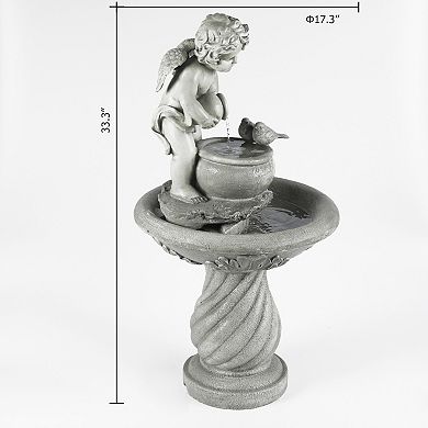 LuxenHome Gray Resin Cherub Birdbath Outdoor Patio Fountain
