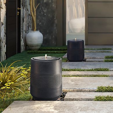 LuxenHome Dark Gray Resin Round Bubbler 23" Tall Outdoor Fountain with Lights, Solar Powered