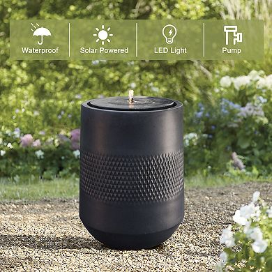 LuxenHome Dark Gray Resin Round Bubbler 23" Tall Outdoor Fountain with Lights, Solar Powered