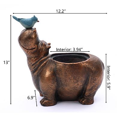 LuxenHome Brown Hippo and Blue Bird MgO Flower Pot Planter