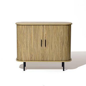 LuxenHome Mid-Century Modern 2-Door Accent Cabinet with Slatted Sliding Doors