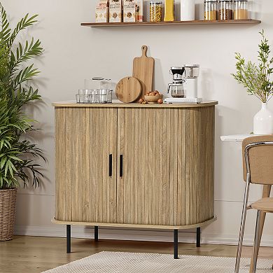 LuxenHome Mid-Century Modern 2-Door Accent Cabinet with Slatted Sliding Doors