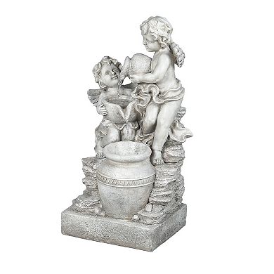 LuxenHome Gray Resin Cherub Angels Outdoor Fountain with LED Light