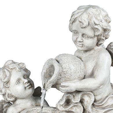 LuxenHome Gray Resin Cherub Angels Outdoor Fountain with LED Light