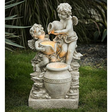 LuxenHome Gray Resin Cherub Angels Outdoor Fountain with LED Light