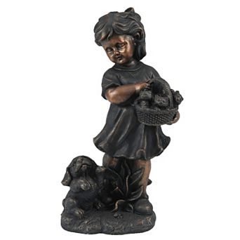 LuxenHome Bronze MgO Girl Holding Basket of Kittens with Puppy Garden Statue
