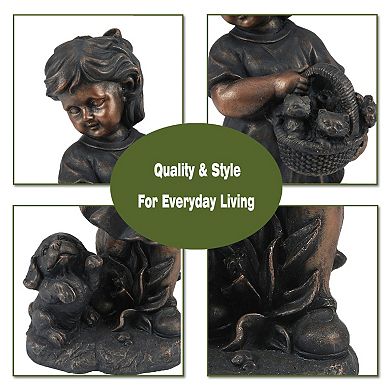 LuxenHome Bronze MgO Girl Holding Basket of Kittens with Puppy Garden Statue