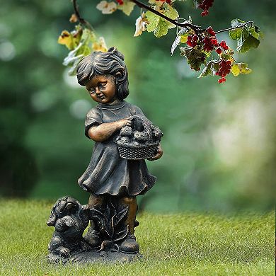 LuxenHome Bronze MgO Girl Holding Basket of Kittens with Puppy Garden Statue