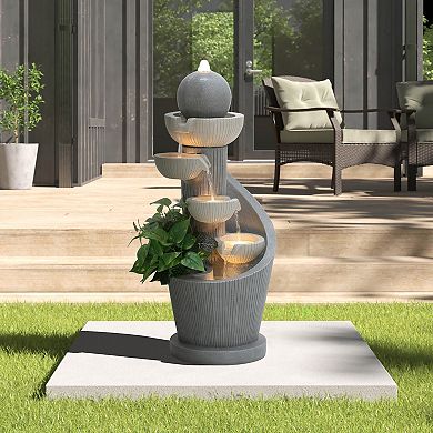 LuxenHome Gray Resin Spiral Sculpture with Bubbler 5-Tier Outdoor Fountain with Lights