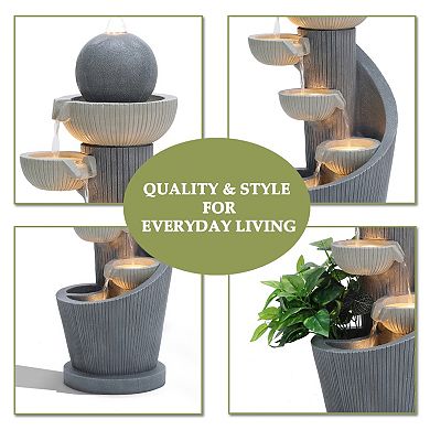 LuxenHome Gray Resin Spiral Sculpture with Bubbler 5-Tier Outdoor Fountain with Lights
