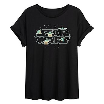 Juniors' The Mandalorian Grogu Logo Oversized Tee