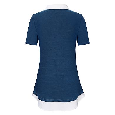 Women's Long Sleeve Contrast Collared Shirts Patchwork Work Blouse Tunics Tops