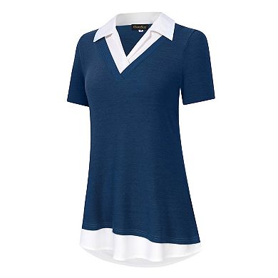 Women's Long Sleeve Contrast Collared Shirts Patchwork Work Blouse Tunics Tops