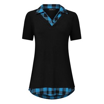 Women's Long Sleeve Contrast Collared Shirts Patchwork Work Blouse Tunics Tops