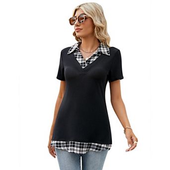 Women's Long Sleeve Contrast Collared Shirts Patchwork Work Blouse Tunics Tops