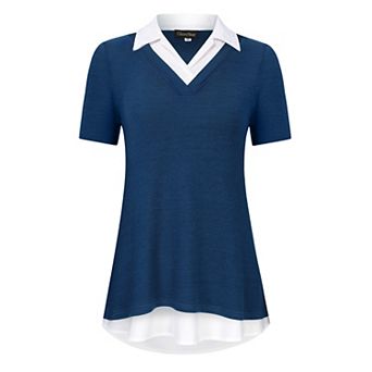 Women's Long Sleeve Contrast Collared Shirts Patchwork Work Blouse Tunics Tops