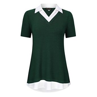 Women's Long Sleeve Contrast Collared Shirts Patchwork Work Blouse Tunics Tops