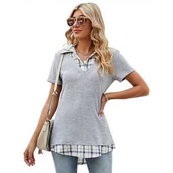 Women's Long Sleeve Contrast Collared Shirts Patchwork Work Blouse Tunics Tops