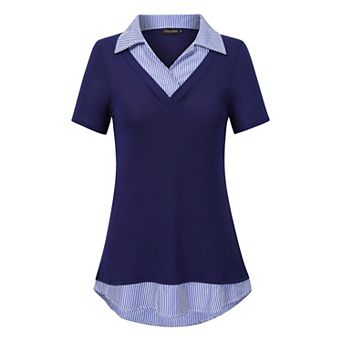 Women's Long Sleeve Contrast Collared Shirts Patchwork Work Blouse Tunics Tops