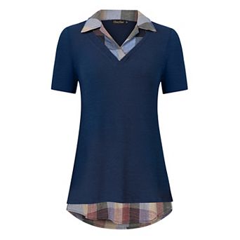 Women's Long Sleeve Contrast Collared Shirts Patchwork Work Blouse Tunics Tops