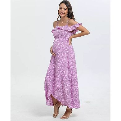 Maternity Floral Ruffles Sleeveless Spaghetti Strap Dress V Neck A Line Flowy Nursing Dress