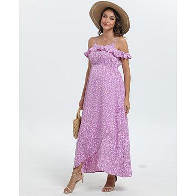 Maternity Floral Ruffles Sleeveless Spaghetti Strap Dress V Neck A Line Flowy Nursing Dress