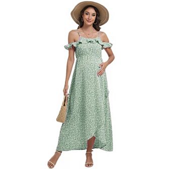 Maternity Floral Ruffles Sleeveless Spaghetti Strap Dress V Neck A Line Flowy Nursing Dress