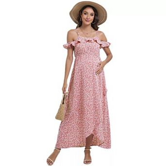 Maternity Floral Ruffles Sleeveless Spaghetti Strap Dress V Neck A Line Flowy Nursing Dress