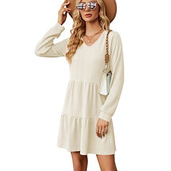 Women's Cable Tiered Dress V Neck Long Sleeve Swing Sweater Dress Knee Length A Line Dresses