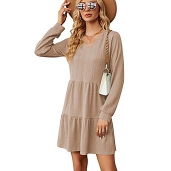 Women's Cable Tiered Dress V Neck Long Sleeve Swing Sweater Dress Knee Length A Line Dresses