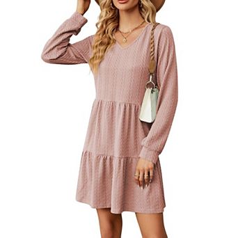 Women's Cable Tiered Dress V Neck Long Sleeve Swing Sweater Dress Knee Length A Line Dresses