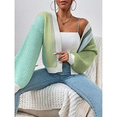 Women's Patchwork Print Drop Shoulder Open Front Cardigan Casual Long Sleeve Sweater
