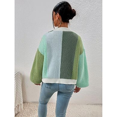 Women's Patchwork Print Drop Shoulder Open Front Cardigan Casual Long Sleeve Sweater