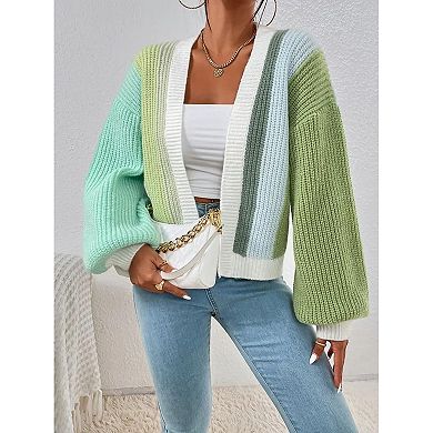 Women's Patchwork Print Drop Shoulder Open Front Cardigan Casual Long Sleeve Sweater