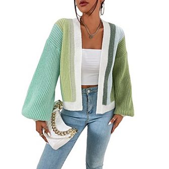 Women's Patchwork Print Drop Shoulder Open Front Cardigan Casual Long Sleeve Sweater
