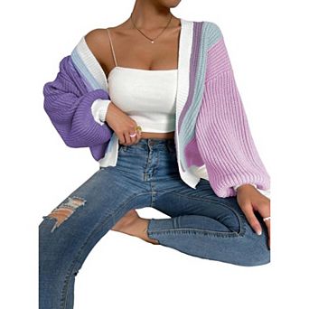 Women's Patchwork Print Drop Shoulder Open Front Cardigan Casual Long Sleeve Sweater