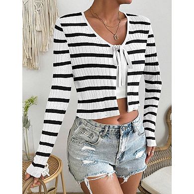 Womens Tie Front Cardigan Long Sleeve Rib Knit Shrug for Dress Sweaters Crop Tops