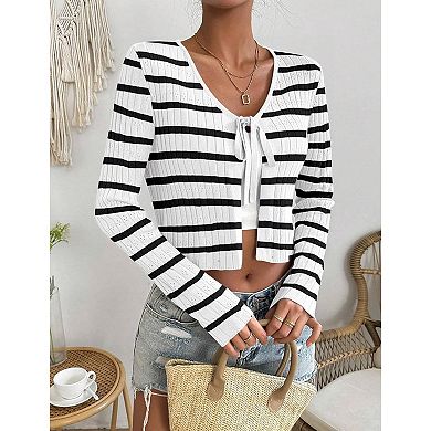 Womens Tie Front Cardigan Long Sleeve Rib Knit Shrug for Dress Sweaters Crop Tops