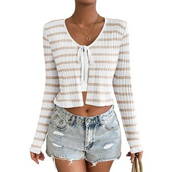 Womens Tie Front Cardigan Long Sleeve Rib Knit Shrug for Dress Sweaters Crop Tops