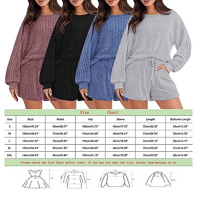 Women's Clothing Set Loose Sportswear Striped Crew Neck Long Sleeve Top Shorts Home Wear Suit