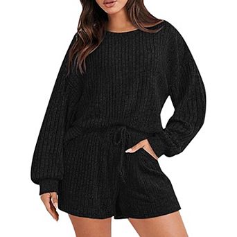 Women's Clothing Set Loose Sportswear Striped Crew Neck Long Sleeve Top Shorts Home Wear Suit