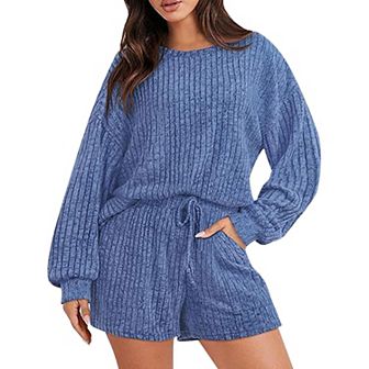 Women's Clothing Set Loose Sportswear Striped Crew Neck Long Sleeve Top Shorts Home Wear Suit